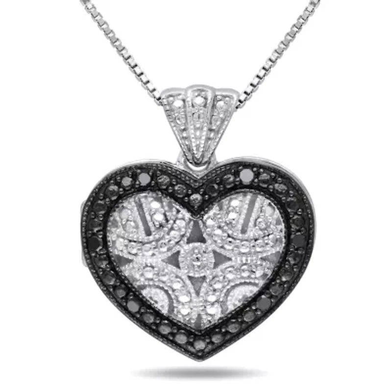 Black Diamond Accent Heart Locket Pendant with Chain in Sterling Silver with Black Rhodium Plated, 18"