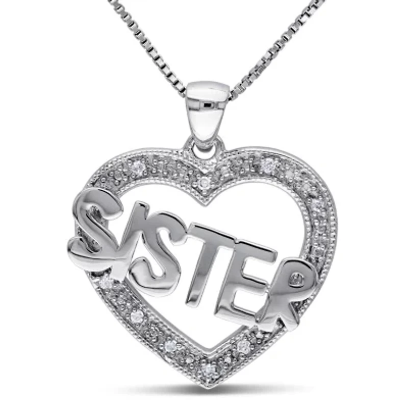 Diamond Accent Heart "Sister" Pendant with Chain in Sterling Silver, 18"