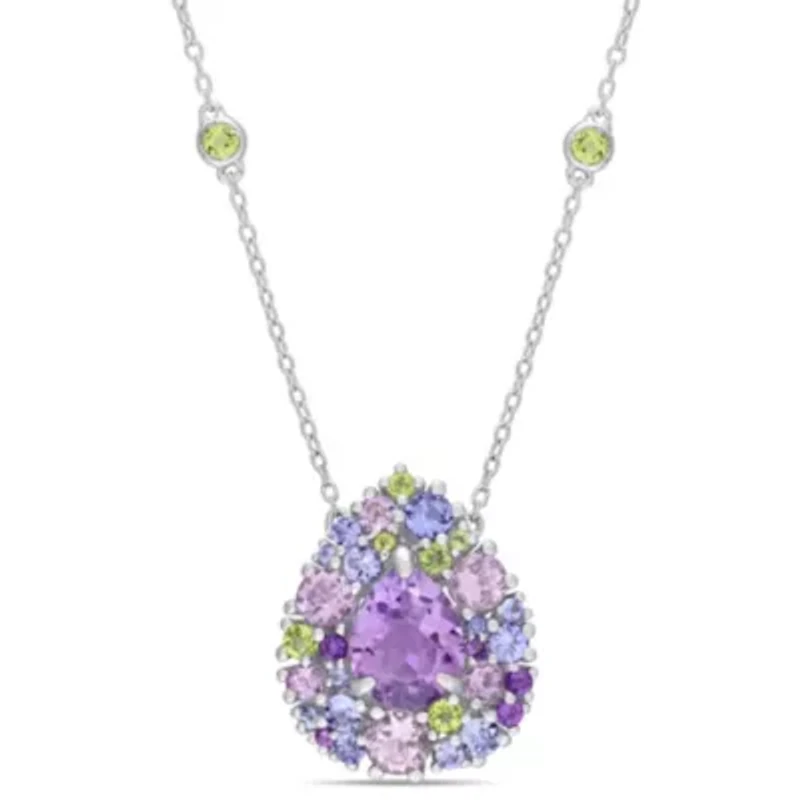 Multi-Gemstones Mosaic Teardrop Necklace in Sterling Silver, 17"+1"