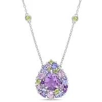 Multi-Gemstones Mosaic Teardrop Necklace in Sterling Silver, 17"+1"