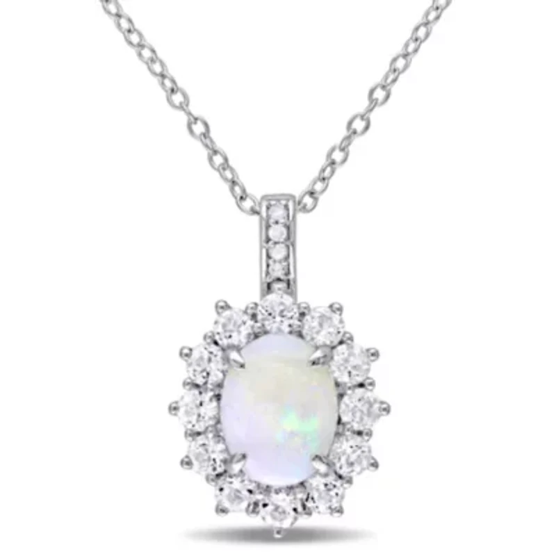 Opal, White Topaz & Diamond Pendant with Chain