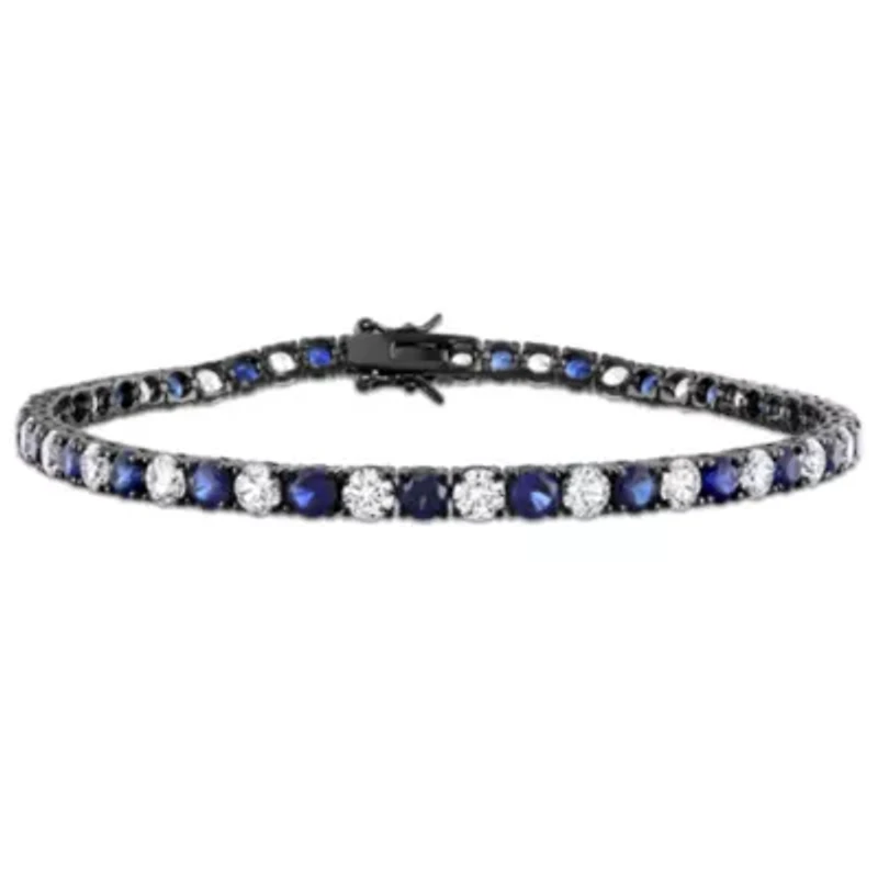 Lab Created Created Blue and White Sapphire Men's Bracelet in Black Rhodium Plated Sterling Silver, 9"
