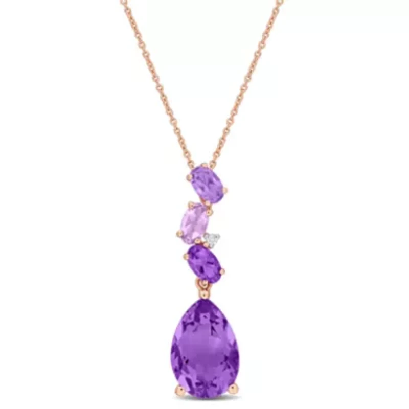 Amethyst and Rose de France Drop Pendant with Chain in 10K Pink Gold, 17"