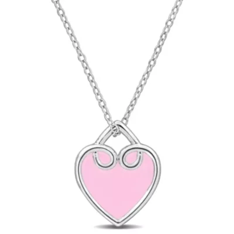 Pink Enamel Heart Pendant with Chain in Sterling Silver, 17"