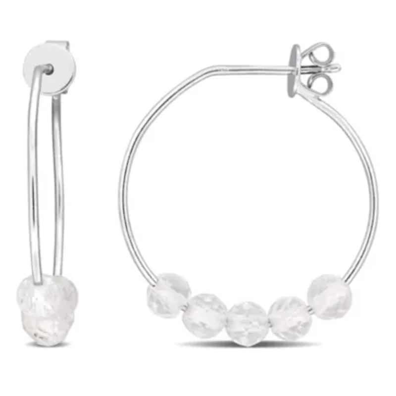 White Topaz Bead Hoop Earrings in Sterling Silver