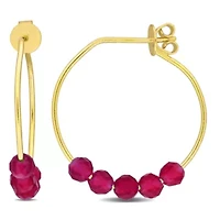Lab Created Created Ruby Bead Hoop Earrings in Yellow Plated Sterling Silver