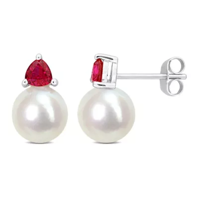 Lab Created Freshwater Cultured Pearl and Created Ruby Stud Earrings in 10K White Gold