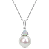 Freshwater Cultured Pearl and Ethiopian-Opal Pendant with Chain in 10K White Gold