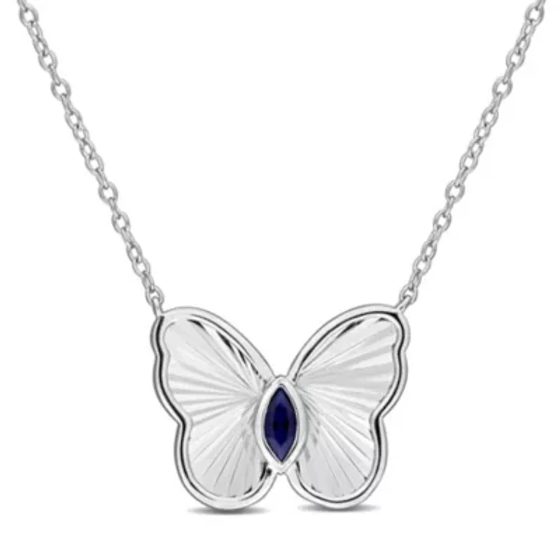 Lab Created Created Blue Sapphire Butterfly Necklace in Sterling Silver, 17"