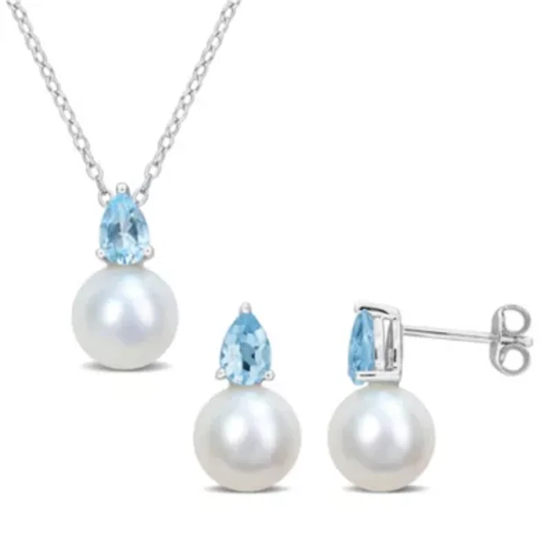 2-Pc Set of Freshwater Cultured Pearl and Sky Blue Topaz Stud Earrings and Pendant with Chain in Sterling Silver