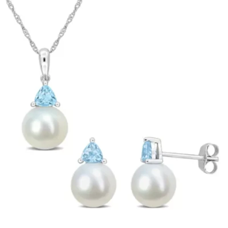 2-Pc Set of Freshwater Cultured Pearl and Sky Blue Topaz Stud Earrings and Pendant with Chain in 10K White Gold