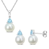 2-Pc Set of Freshwater Cultured Pearl and Sky Blue Topaz Stud Earrings and Pendant with Chain in 10K White Gold