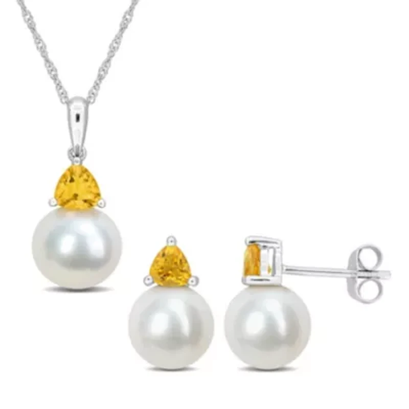 2-Pc Set of Freshwater Cultured Pearl and Citrine Stud Earrings and Pendant with Chain in 10K White Gold