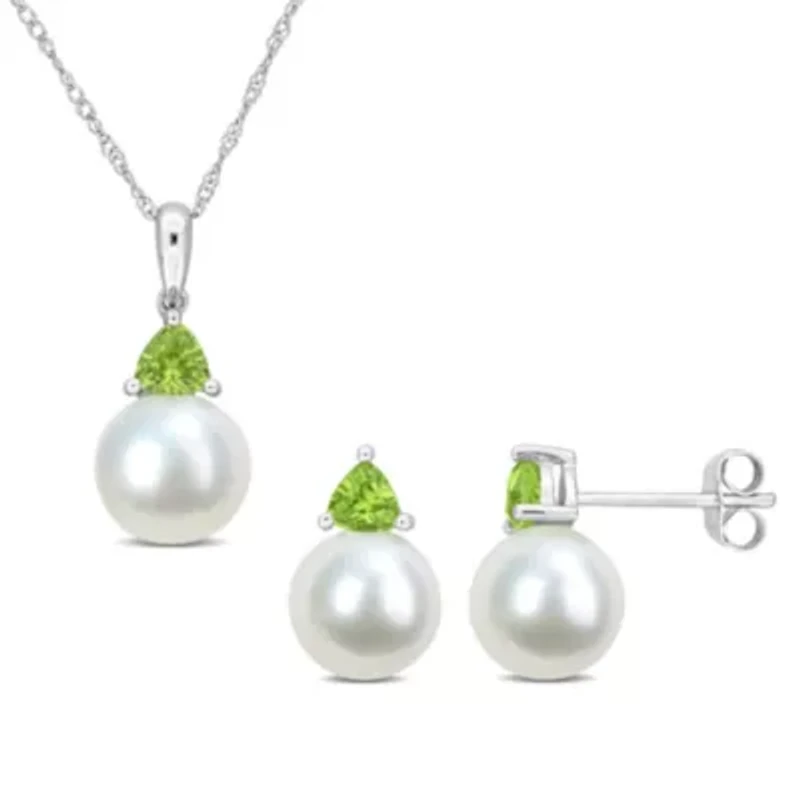 2-Pc Set of Freshwater Cultured Pearl and Peridot Stud Earrings and Pendant with Chain in 10K White Gold