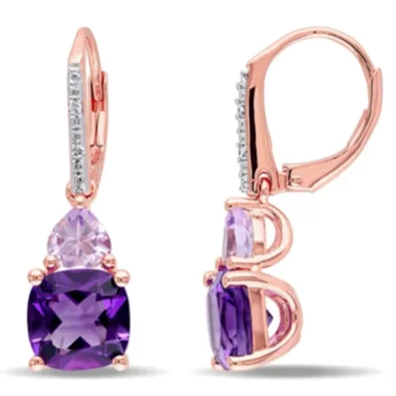 Amethyst, Rose de France and Diamond Accent Earrings in Rose Plated Sterling Silver