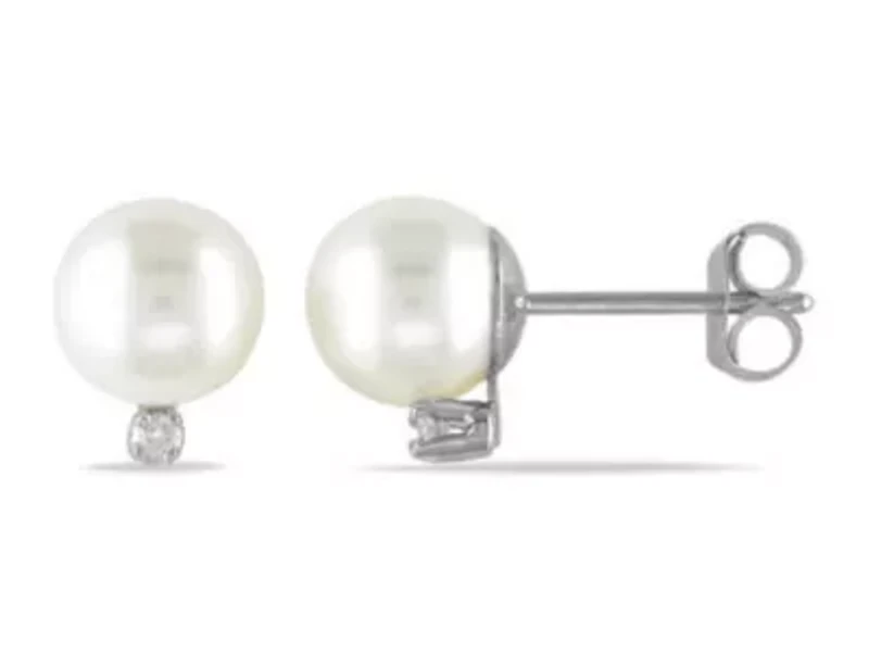 6-6.5mm Freshwater Cultured Pearl and Diamond Accent Earrings in 14K White Gold