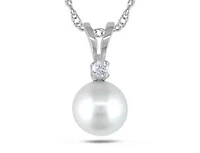 6-6.5mm Freshwater Cultured Pearl with Diamond Accent Pendant with Chain in 14K White Gold