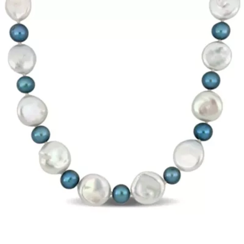 16-17mm White Coin Cultured and 9.5-10mm Blue Freshwater Cultured Pearls Necklace in Sterling Silver