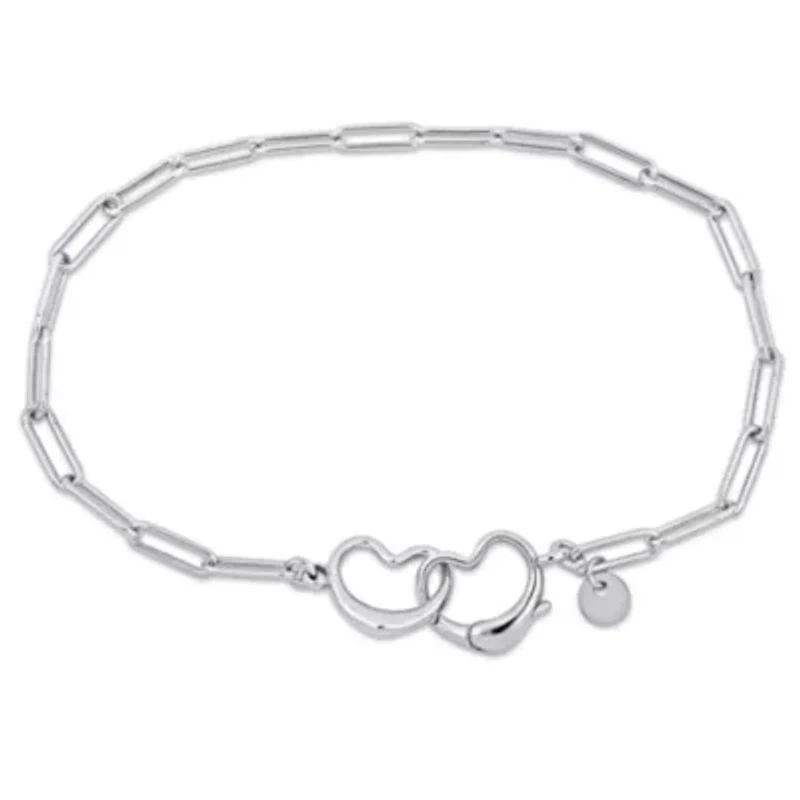 Paperclip Link Anklet with Double Heart Clasp in Sterling Silver, 9"