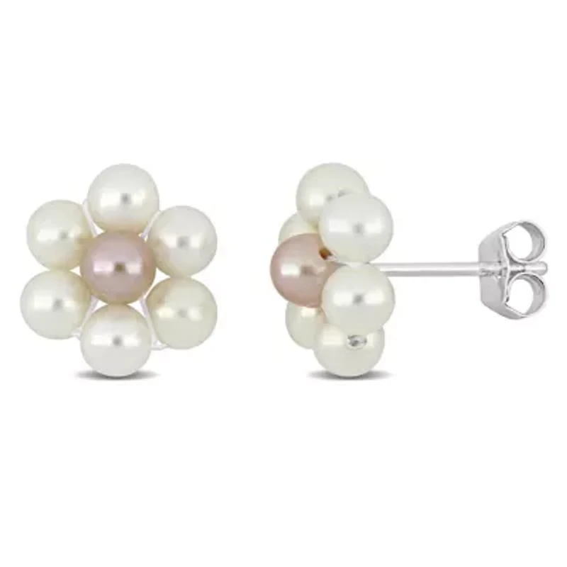 3-4MM White and Pink Freshwater Cultured Pearl Flower Stud Earrings in Sterling Silver