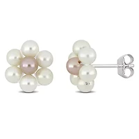 3-4MM White and Pink Freshwater Cultured Pearl Flower Stud Earrings in Sterling Silver