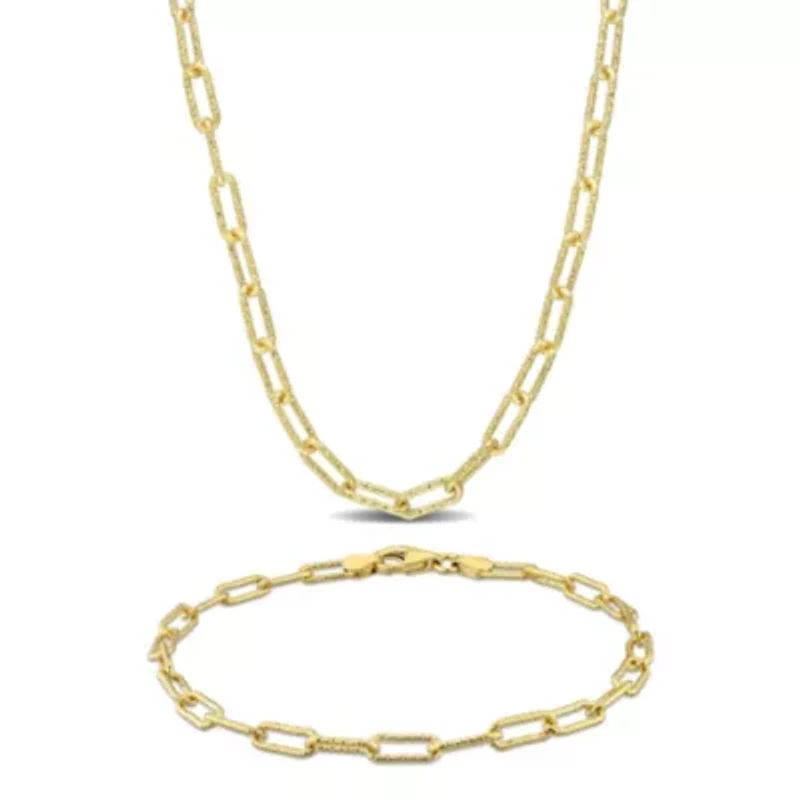 2-Pc Set of 3.5MM Paperclip Chain Bracelet and Necklace in Yellow Plated Sterling Silver, 9" & 20"