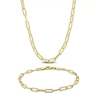 2-Pc Set of 3.5MM Paperclip Chain Bracelet and Necklace in Yellow Plated Sterling Silver, 9" & 20"