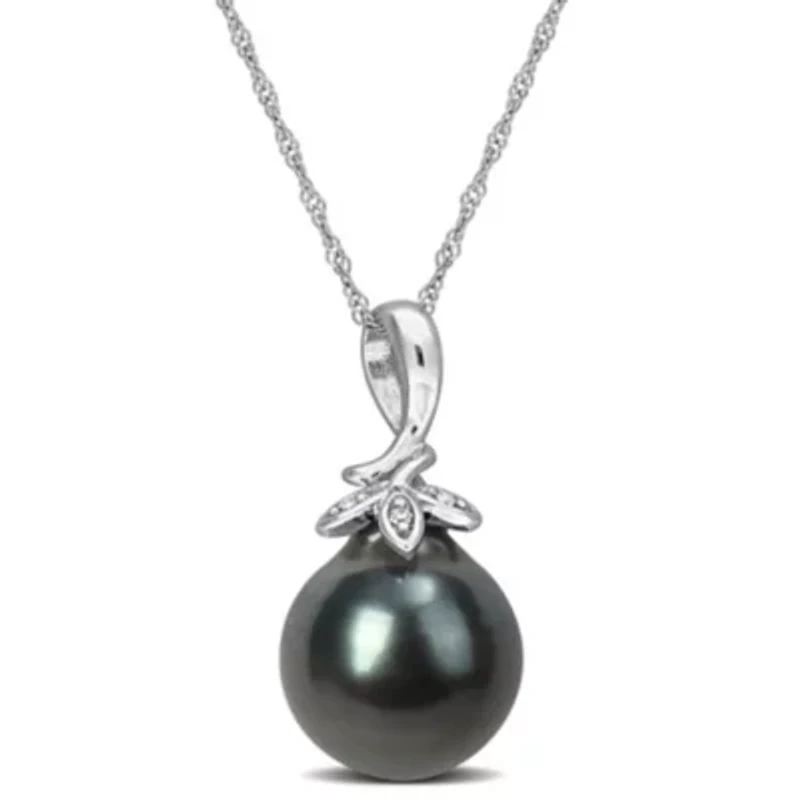 9-10mm Black Tahitian Cultured Pearl and Diamond Accent Cluster Leaf Pendant with Chain in 10K White Gold