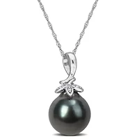 9-10mm Black Tahitian Cultured Pearl and Diamond Accent Cluster Leaf Pendant with Chain in 10K White Gold