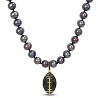 7-7.5mm Black Freshwater Cultured Pearl and 5/8 ct. t.w. Black Diamond Football Necklace in Yellow Plated Sterling Silver with Black Rhodium Plated