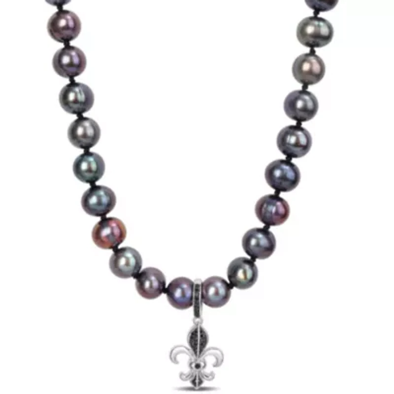 7-7.5mm Black Freshwater Cultured Pearl and 1/10 ct. t.w. Black Diamond Necklace in Sterling Silver with Black Rhodium Plated