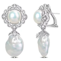 14-14.5mm, 10-10.5mm White Freshwater Cultured Pearl and White Topaz Pearl Drop Earrings in Sterling Silver