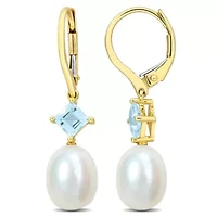 8-8.5mm Freshwater Cultured Pearl and Sky Blue Topaz Drop Earrings in 10K Yellow Gold