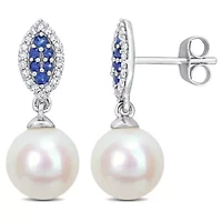 8mm Freshwater Cultured Pearl, 1/7 ct. t.w. Diamond and Sapphire Halo Drop Earrings in 14K White Gold