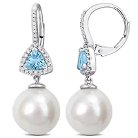 11-12mm Freshwater Cultured Pearl and Sky Blue Topaz with 1/4 ct. t.w. Diamond Earrings in 14K White Gold