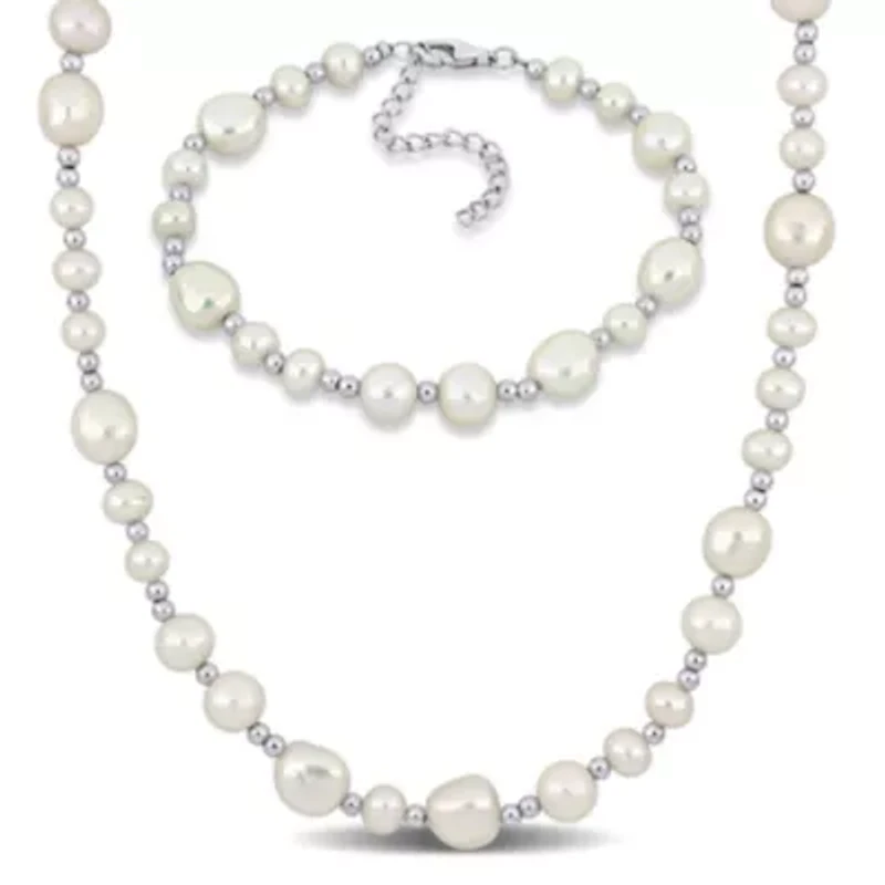 2-Piece Set of 5-10mm Freshwater Cultured Pearl Bead Bracelet and Necklace in Sterling Silver