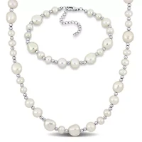 2-Piece Set of 5-10mm Freshwater Cultured Pearl Bead Bracelet and Necklace in Sterling Silver