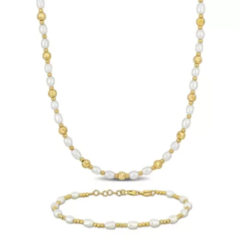 2-Piece Set of 3.5-4mm Freshwater Cultured Pearl with Ball Station Bracelet and Necklace in Yellow Plated Sterling Silver