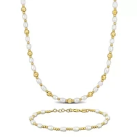 2-Piece Set of 3.5-4mm Freshwater Cultured Pearl with Ball Station Bracelet and Necklace in Yellow Plated Sterling Silver