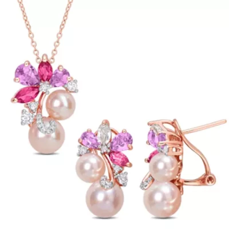 Pink Pearl & Rose de France Topaz Cluster Jewelry Set