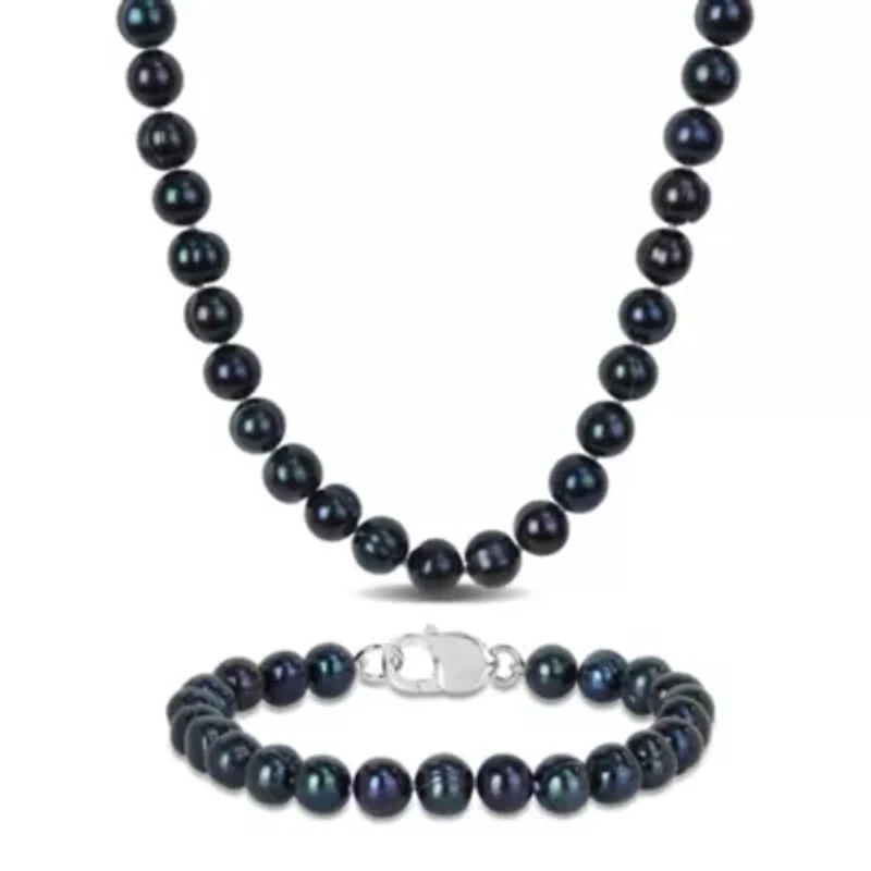 2-Piece Set of 8-8.5mm Black Freshwater Cultured Pearl Strand Bracelet and Necklace in Sterling Silver