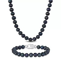 2-Piece Set of 8-8.5mm Black Freshwater Cultured Pearl Strand Bracelet and Necklace in Sterling Silver