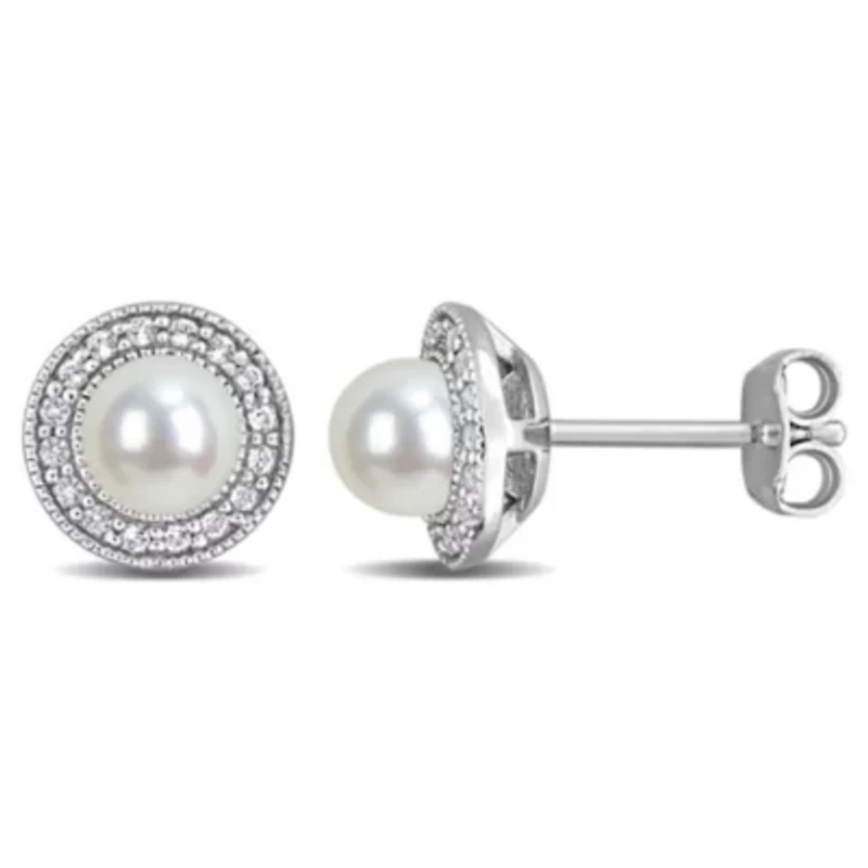 4.5-5mm Freshwater Cultured Pearl and White Topaz Halo Stud Earrings in Sterling Silver