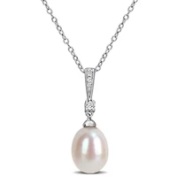 8.5-9mm Freshwater Cultured Pearl and White Topaz Pendant with Chain in Sterling Silver