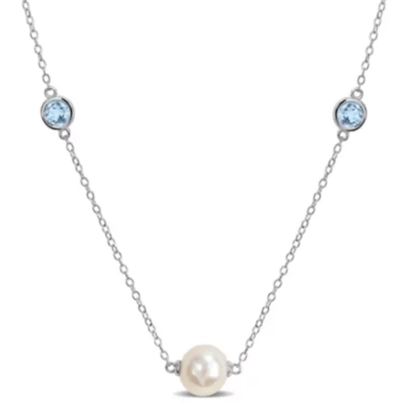 8-9mm Freshwater Cultured Pearl and Sky Blue Topaz Station Necklace in Sterling Silver