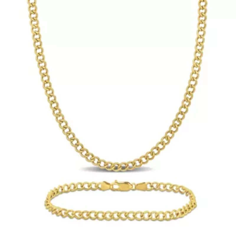 2-Piece Set of 4mm Curb Chain Necklace and Anklet in 14K Yellow Gold, 18" & 9"