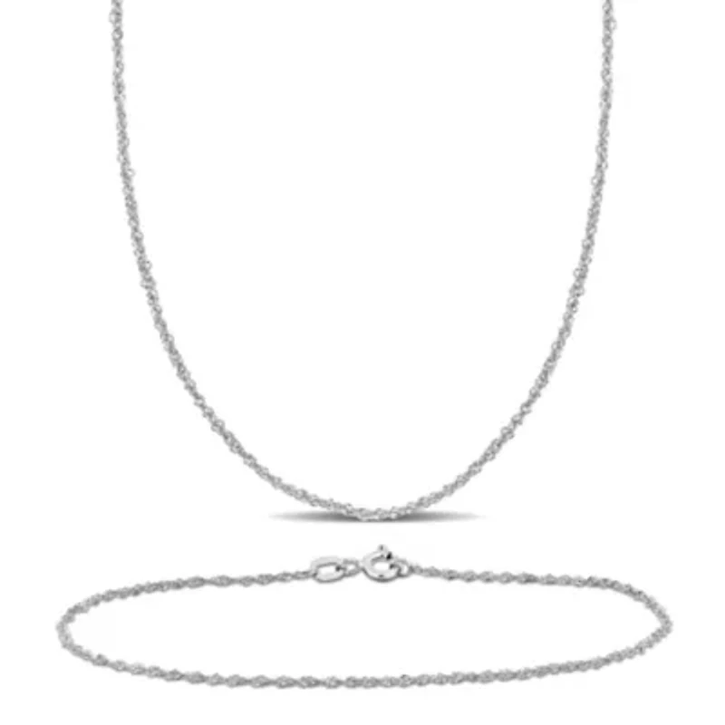 2-Piece Set of 1.2mm Singapore Chain Necklace and Bracelet in 14K White Gold, 20" & 7.5"