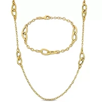 2-Pc Set of 2.5mm Oval Link Chain Double Pear Shaped Link Necklace & Bracelet in Yellow Plated Sterling Silver