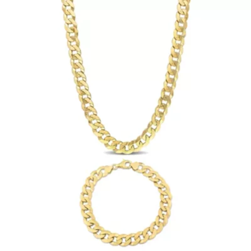 2-Pc Set of Men's 10mm Curb Link Chain Necklace & Bracelet in Yellow Plated Sterling Silver
