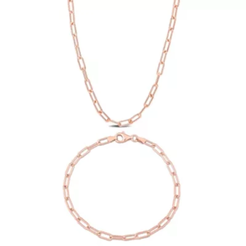 2-Pc Set of 3.5mm Polished Paperclip Chain Necklace & Bracelet in Rose Plated Sterling Silver